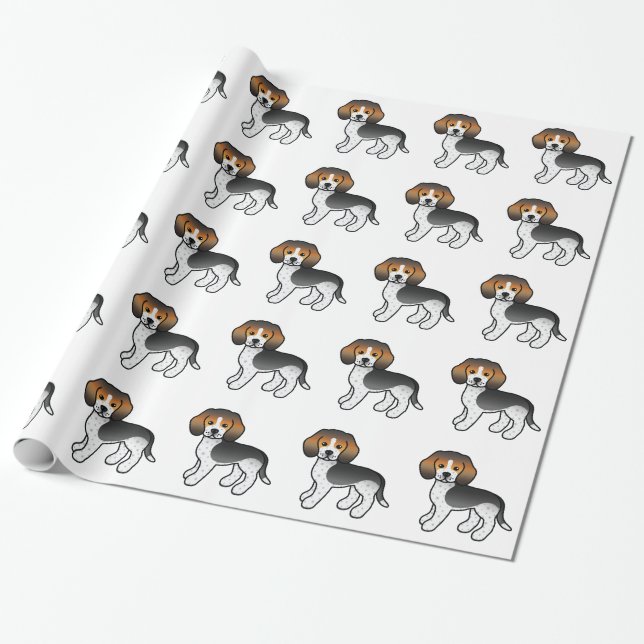 Blue Ticked Cartoon Beagle Dogs Wrapping Paper (Unrolled)