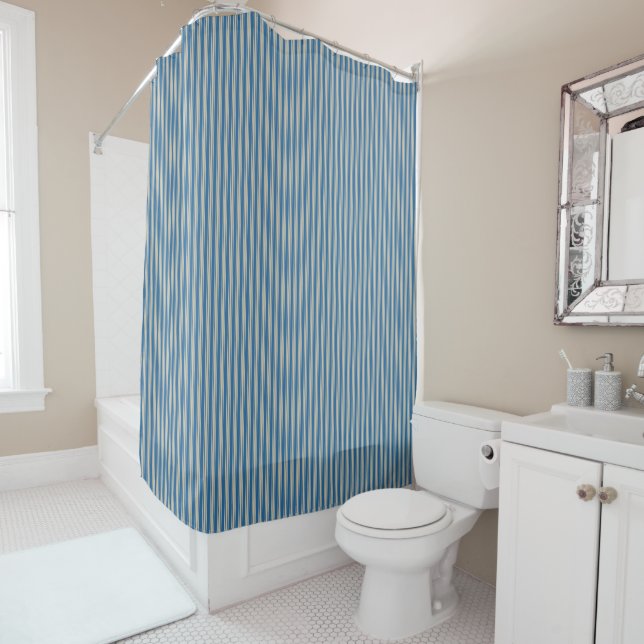 Blue Ticking Stripe Shower Curtain (In Situ)