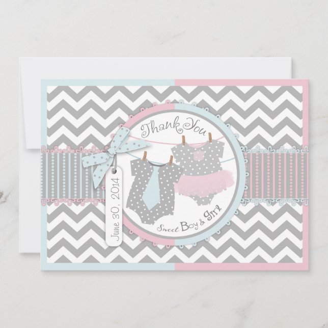 Blue Tie and Pink Tutu Twins Thank You Card (Front)