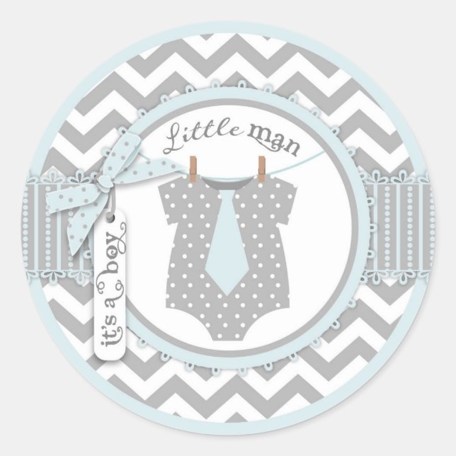 Blue Tie & Chevron Print Baby Shower Classic Round Sticker (Front)