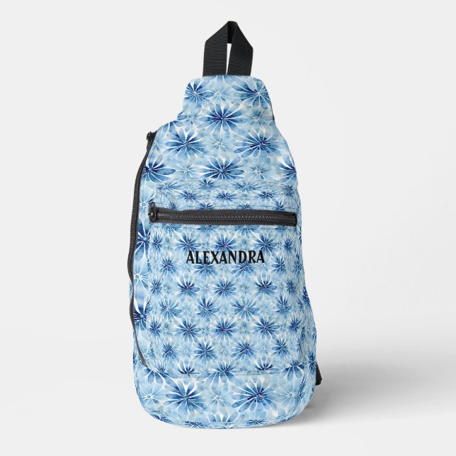 Blue Tie dye flower pattern Custom Name Sling Bag (Front)