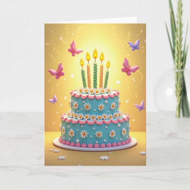 Blue Tiered Cake Birthday Card (Front)