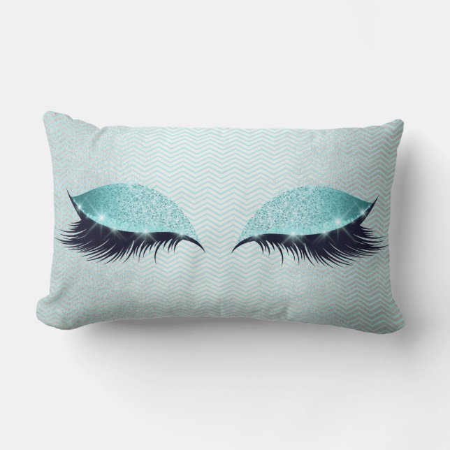 Blue Tiffany Cat's Eye Lashes Glitter Makeup Black Lumbar Cushion (Front)