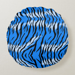Blue Tiger Animal Skin Pattern Design Round Cushion