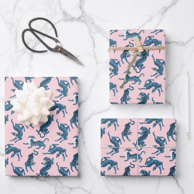 Blue Tiger Asian Pattern Wrapping Paper Sheet (Front)