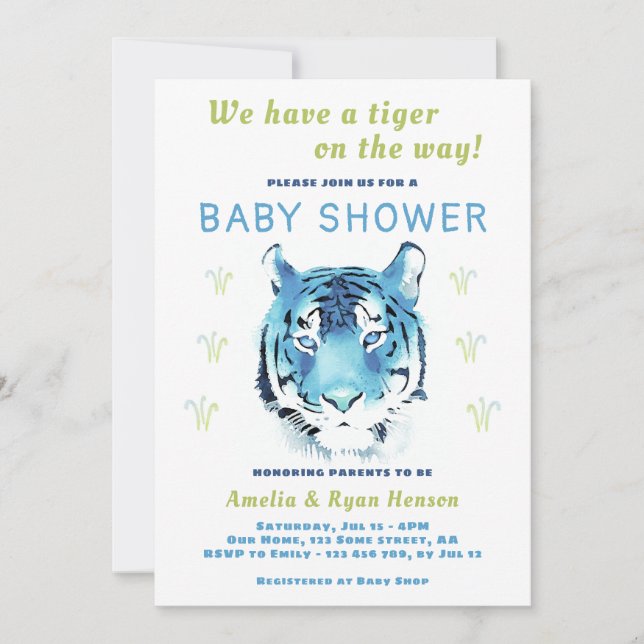 Blue Tiger Baby Watercolor 2022 Baby Shower Invitation (Front)