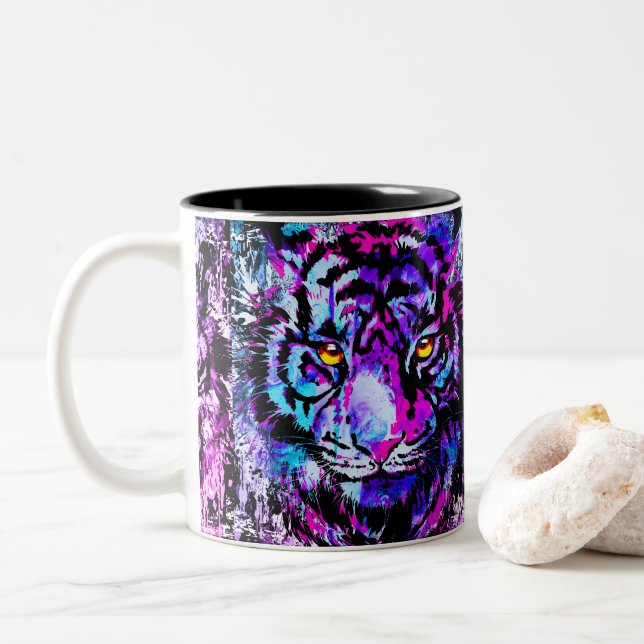 Blue Tiger Coffee Mug | Purple Tiger Face (With Donut)