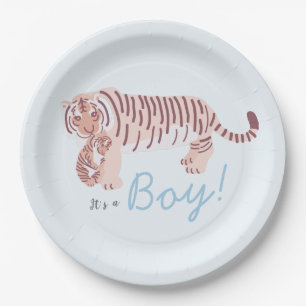Blue Tiger & Cub Boy Baby Shower Paper Plate