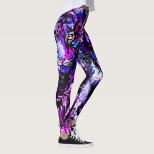 Blue Tiger Head Drawing Purple Tiger Leggings