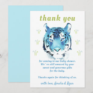 Blue Tiger Head Watercolor Girl Baby Shower Thank You Card