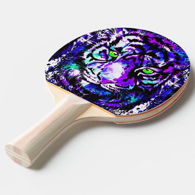 Blue Tiger Ping Pong Paddle - Purple Tiger Eyes  (Front Angle)