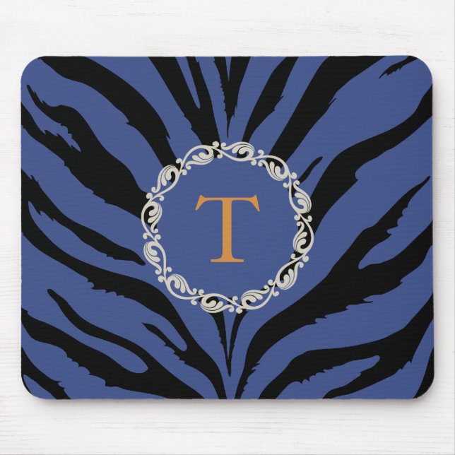Blue tiger print with monogram mouse mat (Front)