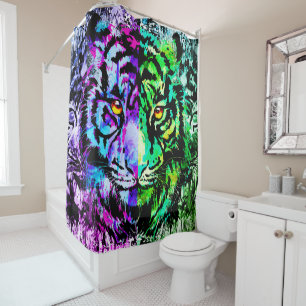 Blue Tiger Shower Curtain - Green Tiger Face