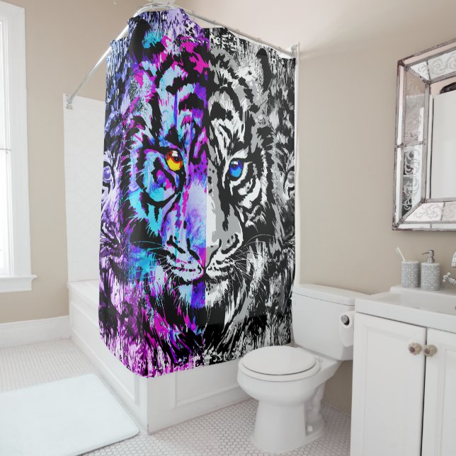 Blue Tiger Shower Curtain - Grey Tiger Face (In Situ)