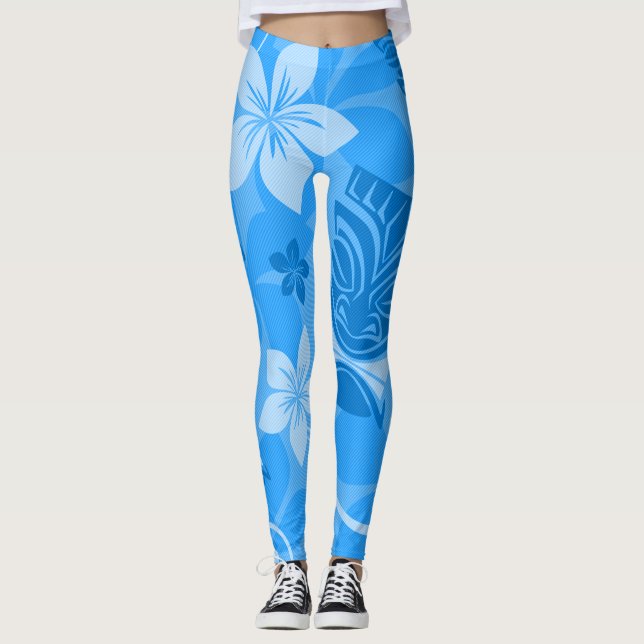 Blue Tiki Hawaiian Leggings (Front)
