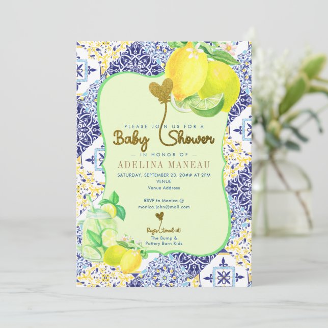 Blue Tile Azulejo Lemon Italian Amalfi Baby Shower Invitation (Standing Front)