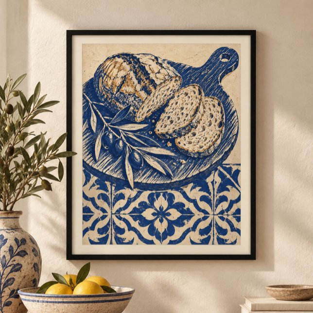 Blue Tile Breadboard Art Print (Styled display of Blue Tile Breadboard Art Print. Frame, mat and furnishings shown for illustration; select framing options separately.)