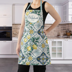 Blue Tile Country Lemon Pattern Monogram Name Apron