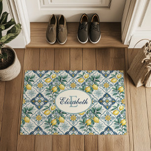Blue Tile Country Lemon Pattern Monogram Name Doormat