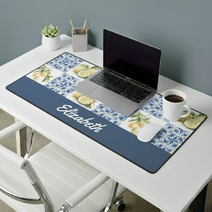 Blue Tile French Country Lemon Custom Name Desk Mat
