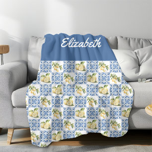 Blue Tile French Country Lemon Custom Name Fleece Blanket