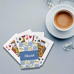 Blue Tile French Country Lemon Custom Name Playing Cards