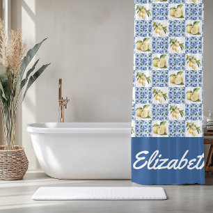 Blue Tile French Country Lemon Custom Name Shower Curtain