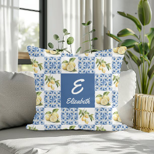 Blue Tile French Country Lemon Monogram Name Cushion