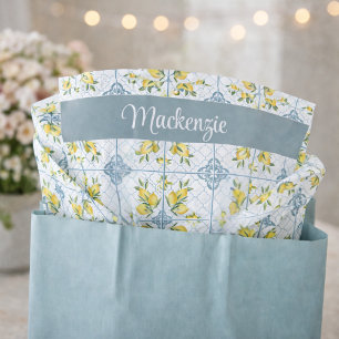 Blue Tile French Country Lemon Name Monogram Tissue Paper