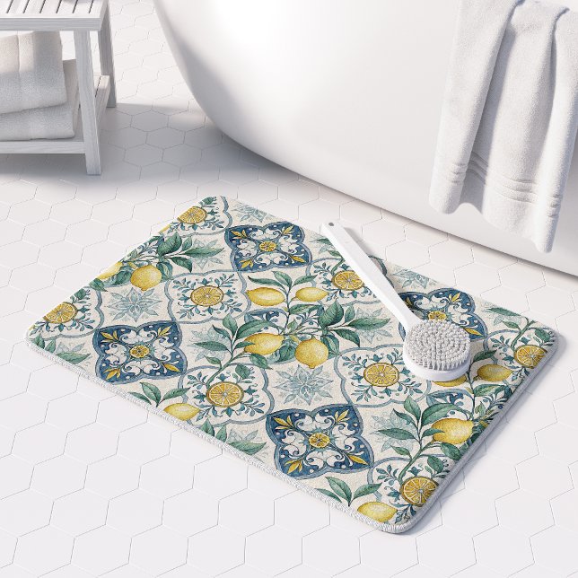 Blue Tile French Country Lemon Pattern Bath Mat (Creator Uploaded)