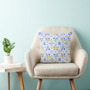 Blue Tile French Country Lemon Pattern Cushion