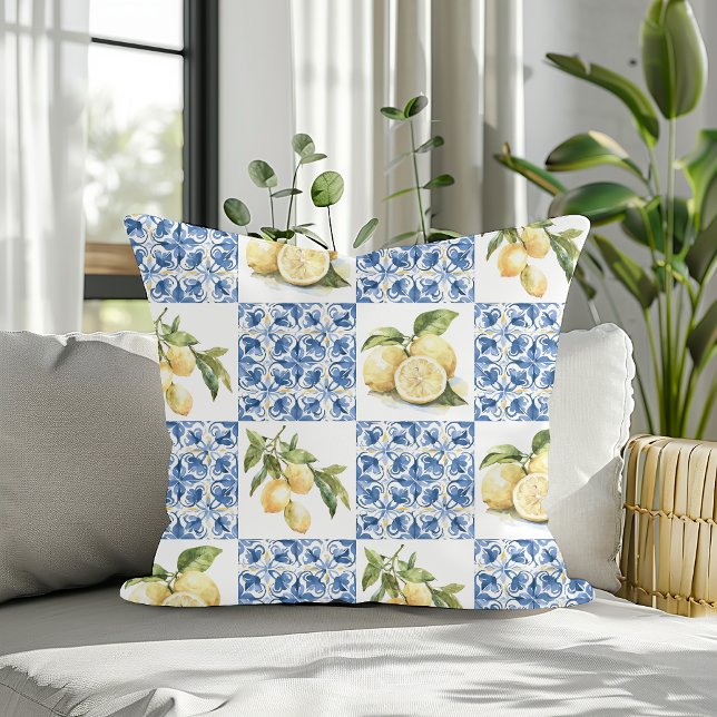 Blue Tile French Country Lemon Pattern Cushion (Creator Uploaded)