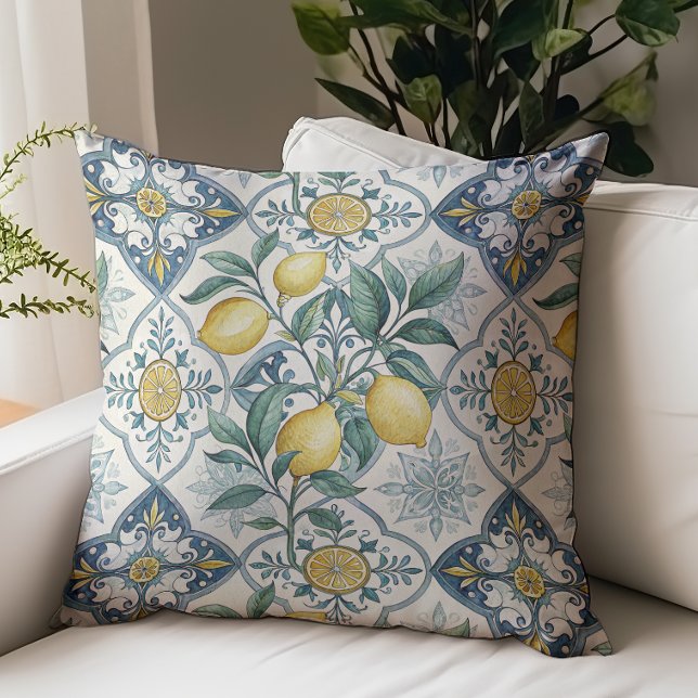 Blue Tile French Country Lemon Pattern Cushion (Creator Uploaded)