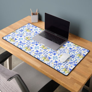 Blue Tile French Country Lemon Pattern Desk Mat