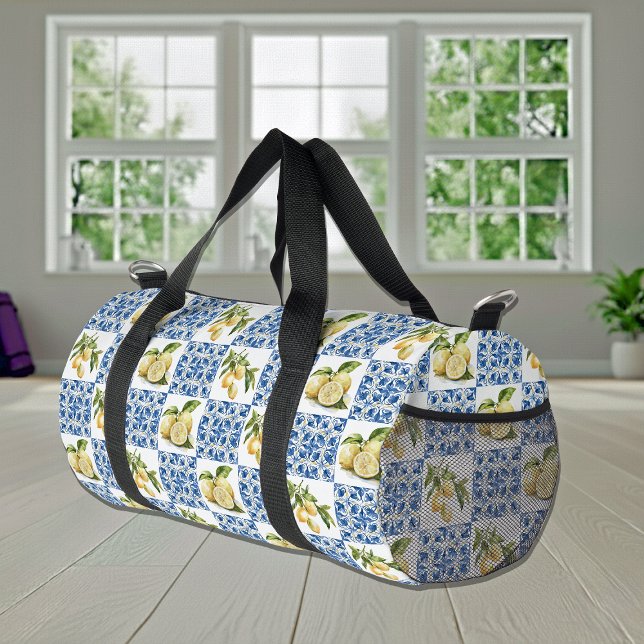 Blue Tile French Country Lemon Pattern Duffle Bag (Creator Uploaded)