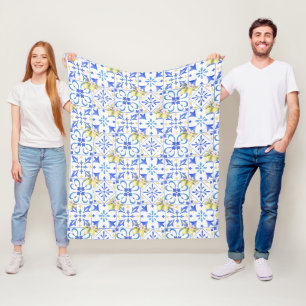 Blue Tile French Country Lemon Pattern Fleece Blanket