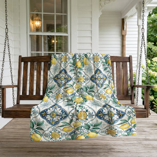Blue Tile French Country Lemon Pattern Fleece Blanket