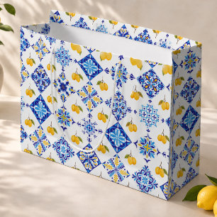 Blue Tile French Country Lemon Pattern Large Gift Bag