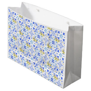 Blue Tile French Country Lemon Pattern Large Gift Bag