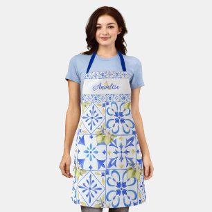 Blue Tile French Country Lemon Pattern Monogram Apron