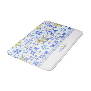 Blue Tile French Country Lemon Pattern Monogram Bath Mat