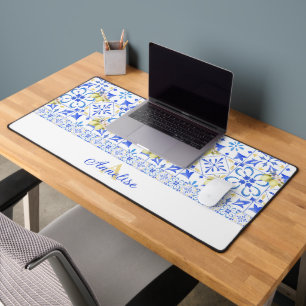 Blue Tile French Country Lemon Pattern Monogram Desk Mat