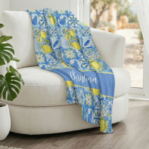 Blue Tile French Country Lemon Pattern Monogram Fleece Blanket