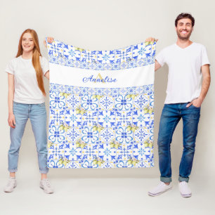 Blue Tile French Country Lemon Pattern Monogram Fleece Blanket