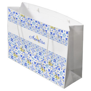 Blue Tile French Country Lemon Pattern Monogram Large Gift Bag
