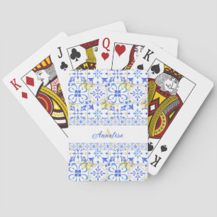 Blue Tile French Country Lemon Pattern Monogram Playing Cards