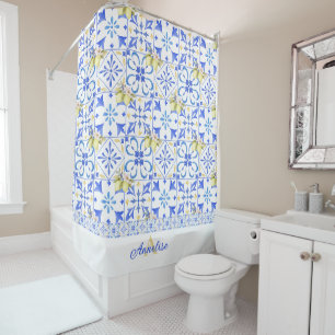 Blue Tile French Country Lemon Pattern Monogram Shower Curtain