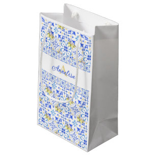 Blue Tile French Country Lemon Pattern Monogram Small Gift Bag