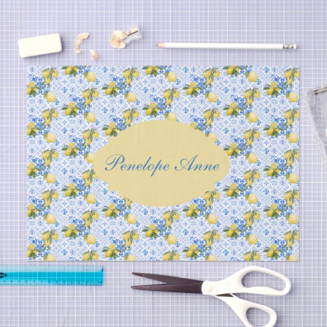Blue Tile French Country Lemon Pattern Monogram Tissue Paper (Craft)