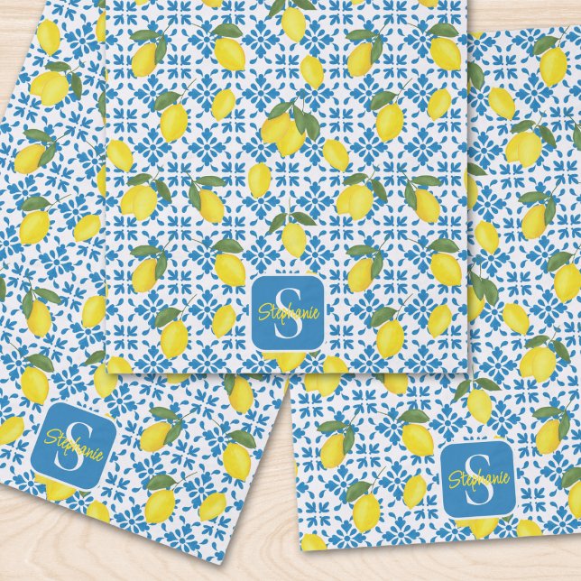 Blue Tile French Country Lemon Pattern Monogram  Tissue Paper (Creator Uploaded)